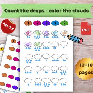 Puede incluir: Hoja de trabajo educativa para niños de 3 a 6 años. La imagen presenta nubes coloridas con gotas de lluvia y el texto "Count the drops - color the clouds". Incluye un icono PDF y una pegatina "Age 3-6".