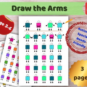 Op de afbeelding: Een printbaar PDF-werkblad getiteld Draw the Arms met rijen kleurrijke vierkante figuren met ronde hoofden en stokbeentjes. De activiteit bevat drie pagina's met figuren in verschillende kleuren, ontworpen voor kinderen van 3 tot 6 jaar oud.