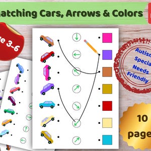 Könnte beinhalten: Ein ausdruckbares Lernarbeitsblatt mit dem Titel Matching Cars, Arrows & Colors, das eine Reihe bunter Autoillustrationen, Richtungspfeile in Kreisen und farbige Quadrate zeigt. Ein Bleistift zeichnet Linien, um die Elemente zu verbinden.