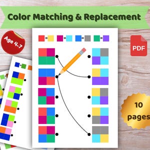 Może przedstawiać: Edukacyjny arkusz do druku dla dzieci w wieku 4-7 lat, zawierający ćwiczenia dopasowywania i zamiany kolorów. Obraz przedstawia kolorowe kwadraty, ołówek i tekst "Color Matching & Replacement". Dostępny w formacie PDF.