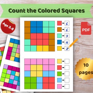 Puede incluir: Hoja de trabajo educativa titulada "Cuenta los cuadrados de colores" para niños de 3 a 8 años. La hoja de trabajo presenta cuadrículas coloridas con cuadrados para contar, un lápiz y un icono PDF. La imagen también incluye una pegatina que dice "Edad 3-8" y una pegatina dorada que dice "10 páginas".