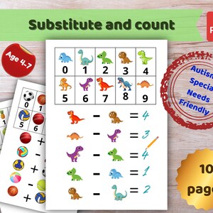 May include: Educational PDF worksheet for ages 4-7, featuring dinosaur illustrations for math practice. Includes addition and subtraction problems with colorful graphics. The worksheet is designed to be autism and special needs friendly.