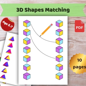 May include: A printable educational worksheet titled "3D Shapes Matching" for ages 5-7. The worksheet features colorful 3D cubes and a pencil, designed to help children learn about shapes. Includes a "PDF" icon and a sticker that says "10 pages".