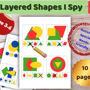 May include: A printable educational worksheet titled Layered Shapes I Spy featuring colorful geometric shapes like circles, squares, triangles, and pentagons. The activity includes boxes with layered shapes and a pencil icon marking specific items.