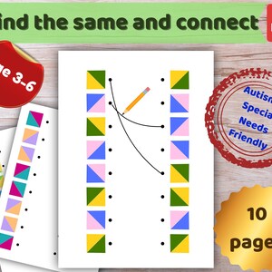 May include: A printable PDF worksheet featuring a matching activity with two columns of squares divided into colored triangles. The page includes a pencil graphic drawing lines between matching squares, with text stating Find the same and connect, Age 3-6, Autism & Special Needs Friendly, and 10 pages.