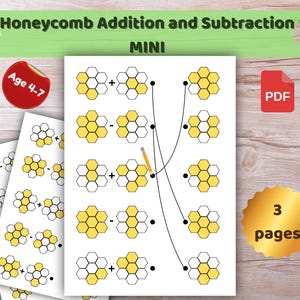 Honingraatpuzzel optellen en aftrekken: rekenspel voor kinderen (3 pagina's pdf)