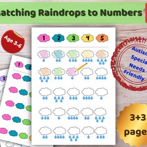 以下が含まれることがあります： 3～6歳向けの「Matching Raindrops to Numbers」というタイトルの教育用ワークシート。ワークシートには、カラフルな雨粒と数字の1～5が表示されています。「Autism & Special Needs Friendly」と「3+3ページ」のテキストが含まれています。