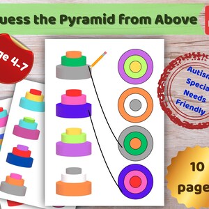 Op de afbeelding: Een printbaar PDF-werkblad getiteld Guess the Pyramid from Above voor kinderen van 4-7 jaar. De pagina toont vier 3D-piramides in verschillende kleuren en hun 2D-bovenaanzichten, met een potlood dat lijnen trekt om ze met elkaar te verbinden.