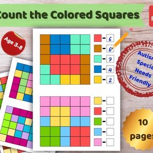 Count the Colored Squares, Math Counting Activity, Visual Perception Worksheets, Logic Grid Games, Autism Learning, Preschool Math PDF