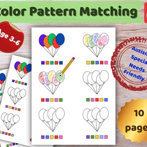 Puede incluir: Páginas de actividades de correspondencia de patrones de color para niños de 3 a 6 años. Las páginas presentan globos coloridos y ejercicios de correspondencia de colores. El PDF está etiquetado como apto para el autismo y necesidades especiales, con 10 páginas.