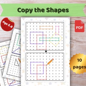 May include: Educational printable activity pages for children aged 5-8. The pages feature geometric shapes and the text "Copy the Shapes". Includes a PDF icon and a sticker that says "Age 5-8".