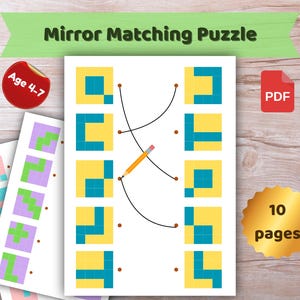 Puede incluir: Un rompecabezas educativo para niños titulado "Mirror Matching Puzzle" con el texto "Age 4-7". El rompecabezas presenta formas geométricas coloridas y un lápiz para emparejar. Incluye 10 páginas en formato PDF.