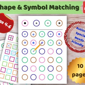 Puede incluir: Una hoja de trabajo educativa imprimible titulada Shape & Symbol Matching que presenta una cuadrícula de círculos coloridos con varios símbolos matemáticos. Un lápiz amarillo marca un círculo. El documento incluye 10 páginas para niños.
