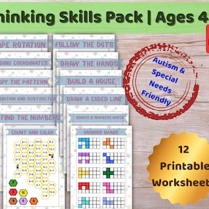 May include: A collection of 12 printable worksheets for ages 4-7, designed to develop thinking skills. The pack includes activities like shape rotation, following dots, and addition. The worksheets are labeled "Autism & Special Needs Friendly."