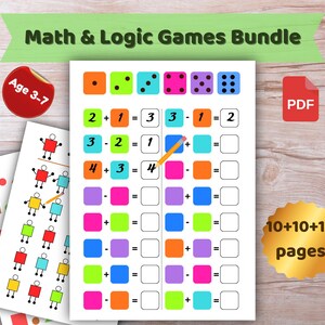 May include: A bundle of math and logic games for ages 3-7. The image shows colourful worksheets with addition and subtraction problems, dice, and geometric shapes. The bundle includes 10+10+10 pages and is available as a PDF download.
