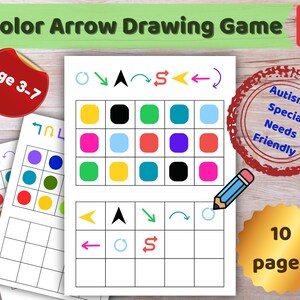 Può includere: Un gioco di disegno con frecce colorate in formato PDF da 10 pagine. I fogli presentano griglie con quadrati colorati e varie icone di frecce in giallo, nero, verde, blu, rosa e rosso. Una matita blu sta disegnando un cerchio sul foglio.