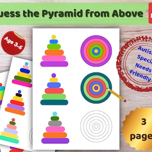 May include: A printable educational game for children aged 3-6, featuring colorful pyramid and target designs. The game includes the text "Guess the Pyramid from Above" and is labeled as "Autism & Special Needs Friendly."