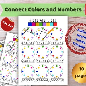 Peut inclure: Feuille d'activité imprimable éducative intitulée "Connecter les couleurs et les chiffres" pour les enfants de 3 à 7 ans. La feuille présente des cercles colorés avec des chiffres et des lignes. Comprend le texte "Autisme & besoins spéciaux" et "10 pages".