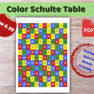 Color Schulte Table Printable, Speed Reading Training Sheet, Visual Attention and Focus Game, ADHD Brain Exercises, Printable PDF