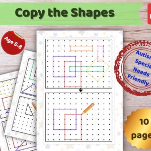 Può includere: Foglio di lavoro PDF educativo intitolato "Copy the Shapes" per bambini dai 5 agli 8 anni. Il foglio di lavoro presenta forme geometriche delineate con punti colorati, progettate per il tracciamento. Include un adesivo rosso con "Age 5-8" e un timbro con "Autism & Special Needs Friendly".