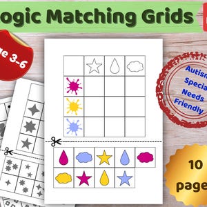 May include: A printable PDF logic matching grid activity for children ages 3-6. The worksheet features a grid with black outline shapes including a star, teardrop, and cloud, alongside rows of pink, yellow, and blue paint splatters for matching.
