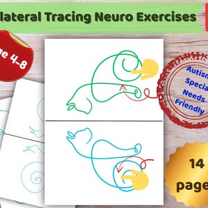 Könnte beinhalten: Ein Set von bilateralen Neuro-Übungen zum Nachzeichnen auf weißem Papier. Die Seiten zeigen farbige Linienzeichnungen von Formen mit Richtungspfeilen und gelben Hand-Symbolen. Text: Age 4-8, Autism & Special Needs Friendly, 14 pages.