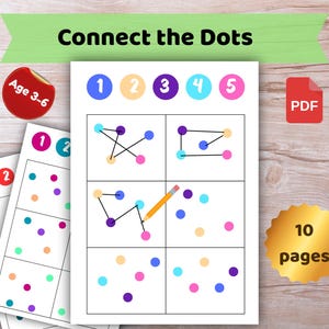 May include: A printable educational activity sheet for children aged 3-6, featuring connect-the-dots puzzles. The sheet includes colorful dots and numbers, with a pencil illustration and the text "Connect the Dots."