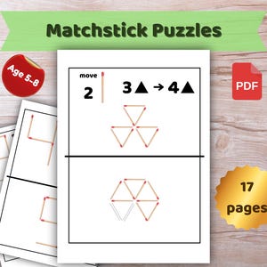 Op de afbeelding: Een witte pagina met luciferspuzzels voor kinderen van 5-8 jaar. De pagina toont luciferarrangementen en de tekst "Matchstick Puzzles". Een rode sticker zegt "Age 5-8". Een gouden sticker zegt "17 pagina's".