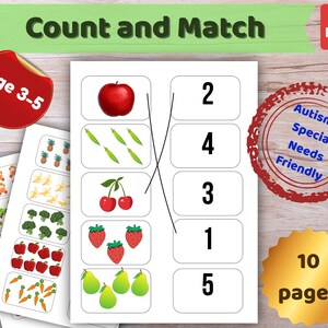 Könnte beinhalten: Ein ausdruckbares Lernarbeitsblatt mit dem Titel Count and Match, das Illustrationen von Obst und Gemüse wie einen Apfel, Erbsen, Kirschen, Erdbeeren und Birnen zeigt. Das Blatt enthält die Zahlen 1 bis 5 für entsprechende Übungen.