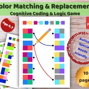 May include: A color matching and replacement cognitive coding and logic game for ages 4-7. The game features colorful squares and a pencil, designed to help children with autism and special needs. The PDF includes 10 pages.