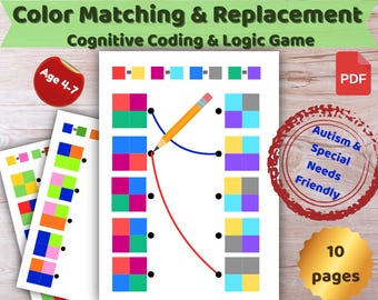 Visual Perception & Logic Worksheets, Color Matching Coding Activity for Kids, Autism Learning Materials, Occupational Therapy Tasks