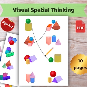May include: Educational worksheet titled "Visual Spatial Thinking" for ages 4-7. The worksheet features colorful 3D shapes, including cubes, cylinders, and cones, with lines connecting matching shapes. A red sticker indicates the age range, and a gold sticker shows the number of pages.