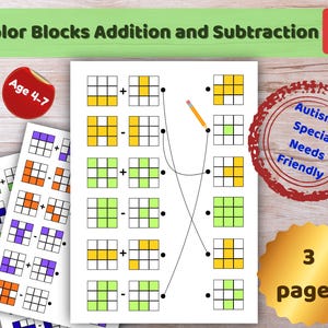 May include: Educational printable worksheets for ages 4-7, featuring color blocks for addition and subtraction practice. The worksheets are designed to be autism and special needs friendly. The image includes the text "Color Blocks Addition and Subtraction PDF" and "3 pages".