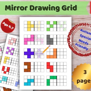 May include: A set of printable mirror drawing grid worksheets for ages 4-7. The worksheets feature colorful grids with partially filled squares, designed to help children develop their drawing skills. The image includes the text "Mirror Drawing Grid" and "Autism & Special Needs Friendly."