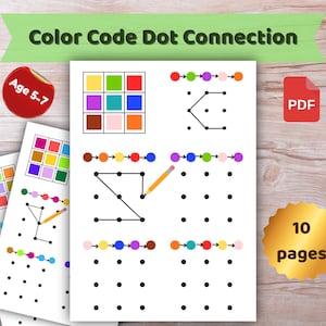 Op de afbeelding: Een afdrukbare educatieve activiteit getiteld "Color Code Dot Connection" voor de leeftijd van 5-7 jaar. De pagina's bevatten kleurgecodeerde punt-naar-punt puzzels, kleur matching grids en een PDF-icoon. Een gouden sticker geeft 10 pagina's aan.