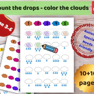 Könnte beinhalten: Ein ausdruckbares Lernarbeitsblatt mit dem Titel Count the drops - color the clouds, das Reihen von Wolkenumrissen mit unterschiedlich vielen blauen Regentropfen, eine nummerierte Farblegende von 1 bis 5 und einen blauen Stift zeigt.