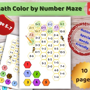 Puede incluir: Una hoja de actividades de laberinto matemático para colorear por números con una cuadrícula de panal y problemas de suma y resta. Incluye una clave de color con hexágonos numerados, abejas y un lápiz. Texto: Math Color by Number Maze, Age 5-7, Autism & Special Needs Friendly, 10 pages.