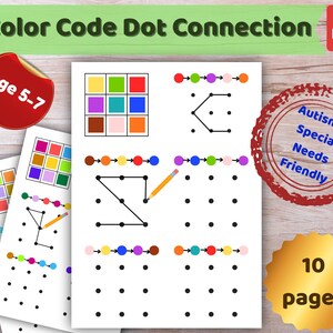 Cuaderno de trabajo de conexión de puntos con código de colores, Matriz espacial de unir puntos, Tareas gráficas de seguimiento visual, Paquete de preparación escolar adaptado al autismo, PDF