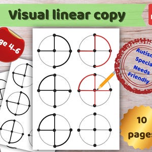 May include: A printable educational worksheet set titled Visual linear copy, featuring circles divided into quadrants with black and red line tracing exercises. The document includes a yellow pencil graphic, a red Age 4-6 sticker, and a 10 pages gold seal.