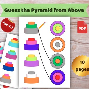 May include: Educational worksheet titled "Guess the Pyramid from Above" for ages 4-7. The worksheet features colorful pyramid illustrations and matching exercises. Includes a PDF icon and a sticker that says "Age 4-7".