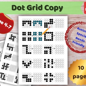 Könnte beinhalten: Ein druckbares PDF-Arbeitsblatt mit dem Titel Dot Grid Copy, das Reihen von Punktgittermustern zeigt. Das Dokument enthält Übungen für Kinder im Alter von 4 bis 7 Jahren mit schwarzen und blaugrünen Punktmustern zum Nachahmen.