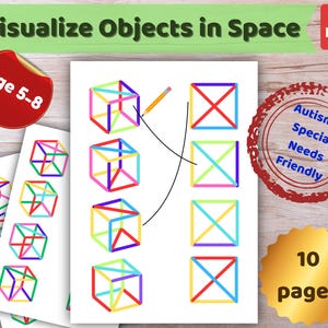 Könnte beinhalten: Ein ausdruckbares Arbeitsblatt mit dem Titel Visualize Objects in Space, das bunte Würfeldiagramme mit Linien zur Zuordnung von 3D-Formen zu 2D-Mustern zeigt. Das Dokument enthält eine gelbe Bleistiftgrafik, einen roten Aufkleber Age 5-8 und einen roten Stempel mit der Aufschrift Autism & Special Needs Friendly, insgesamt 10 Seiten.