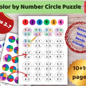 Color by Number Circle Puzzle, Fractions Shape Pattern Matching, Visual Color Coding Game, Autism Special Needs Busy Binder, Printable PDF