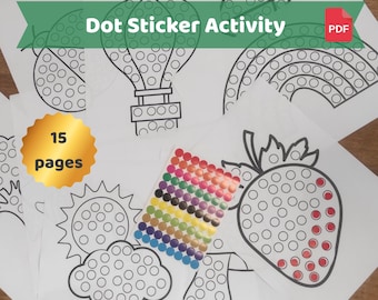 May include: A collection of printable dot sticker activity pages with various outlines, including a hot air balloon, rainbow, sun, cloud, and strawberry. A sheet of colorful dot stickers is included. The text "Dot Sticker Activity" and "15 pages" are visible.