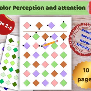 Könnte beinhalten: Ein ausdruckbares Arbeitsblatt mit dem Titel Color Perception and attention, das Reihen von farbigen Rauten in Rosa, Braun, Lila und Grün zeigt. Jede Raute hat einen kleinen schwarzen Punkt an einer Ecke. Ein gelber Stift liegt diagonal auf dem Blatt.
