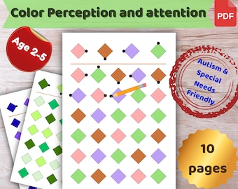 Color Perception and Attention, Visual Discrimination Worksheets, Spatial Coding Pattern Matrix, Autism ADHD Sensory Friendly Binder, PDF