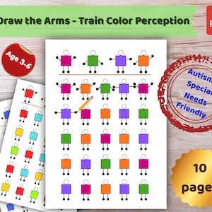 May include: A printable PDF educational activity for children aged 3-6, designed to train color perception. The pages feature colorful square figures with instructions to draw arms. The design is autism and special needs friendly.
