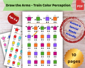 May include: A printable PDF educational activity for children aged 3-6, designed to train color perception. The pages feature colorful square figures with instructions to draw arms. The design is autism and special needs friendly.