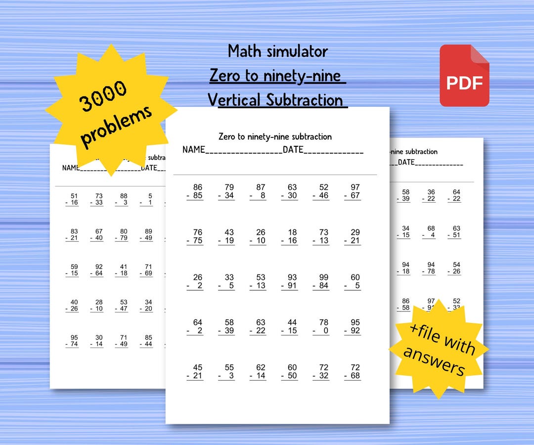 Vertical Subtraction Worksheets 0-99 | 3000 Problems | Math Practice ...