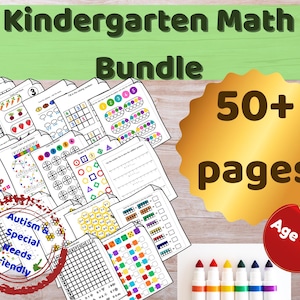 May include: A collection of educational math worksheets for children featuring counting, addition, and shape matching exercises. The bundle includes over 50 pages with colorful graphics, a gold starburst label, and a red circular tag labeled Age 4-7.